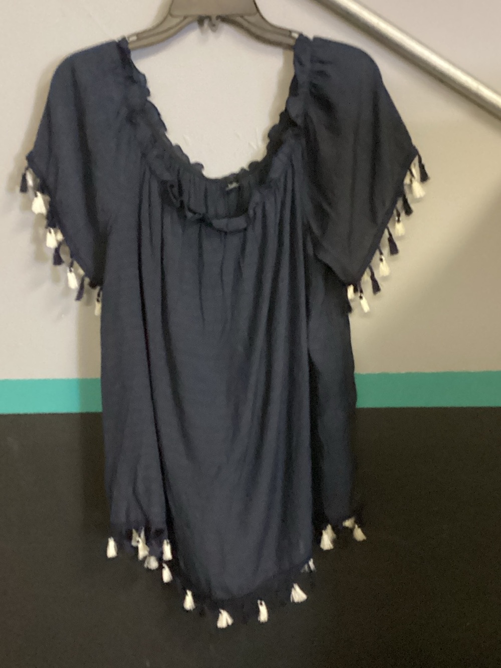 SHEIN Navy Boho Tassel Trim Tunic